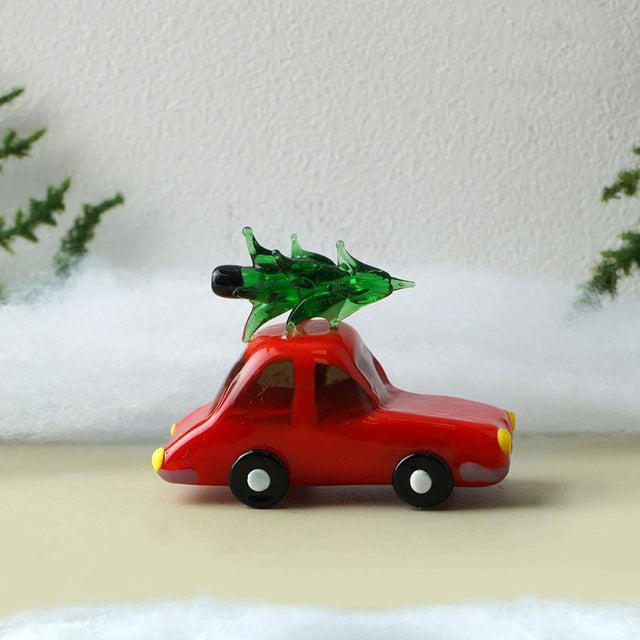 Red Car with Tree Mini Glass Figurine