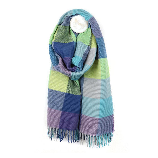 Blue and Lime Mix Crinkle Scarf with Tassel Fringe