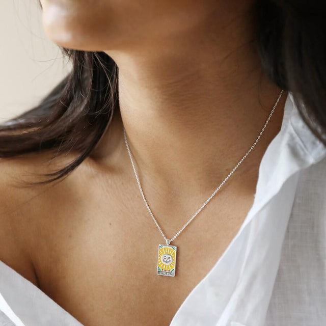 Lisa Angel Enamel Sun Tarot Necklace in Silver Worn by Model