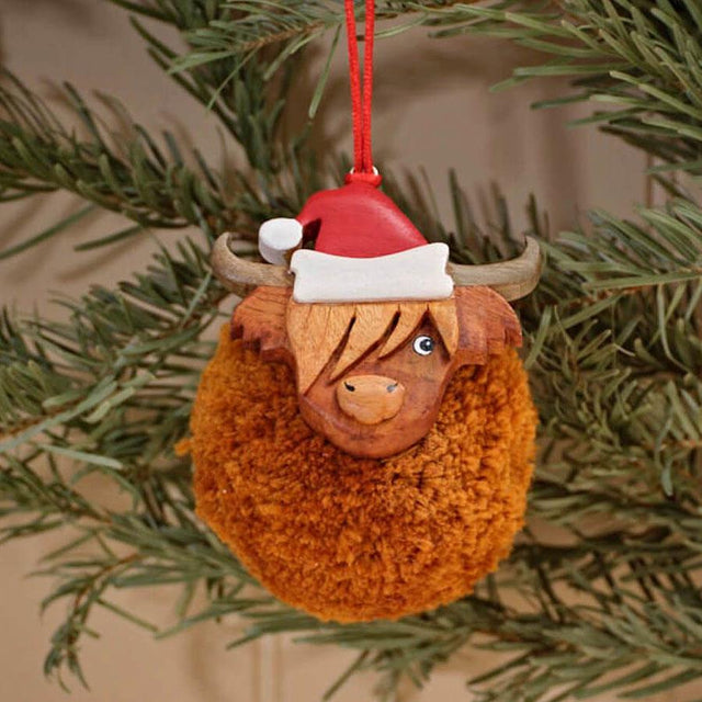 Highland Cow Pom Pom with Santa Hat Hanging Decoration