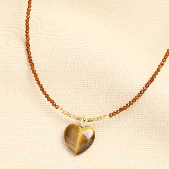 Tiger's Eye Beaded Heart Pendant Necklace in Gold