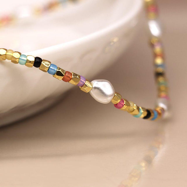 Multi Colour, Gold Glass Pom Boutique Bead and Freshwater Pearl Necklace Close Up