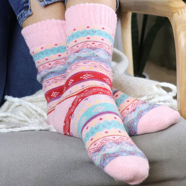 Pastel Pink, Red and Aqua Fairisle Pattern Women's Socks
