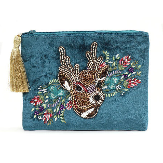 Pom Boutique Teal Velvet Embroidered Stag Purse