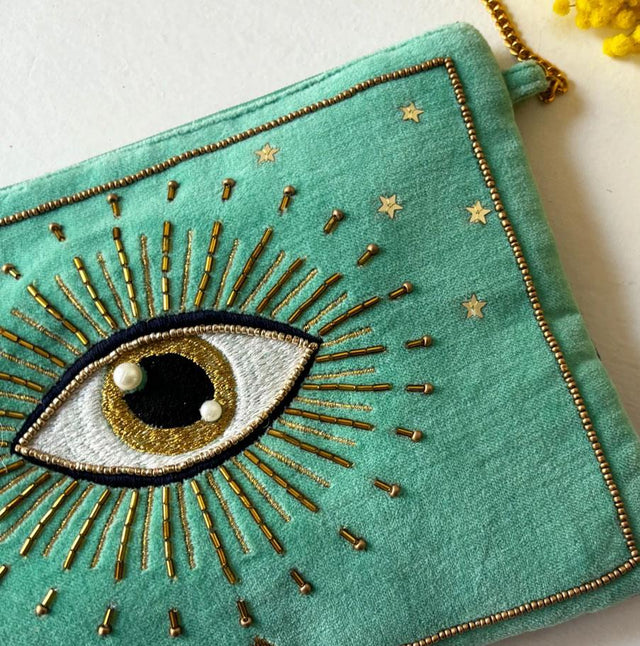 House of Disaster Turquoise Green Eye Embroidered Velvet Cross Body Bag Close Up