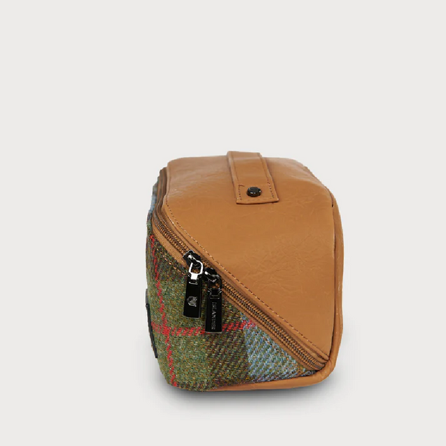 Chestnut and Blue Tartan Harris Tweed Toiletry Bag Side Facing
