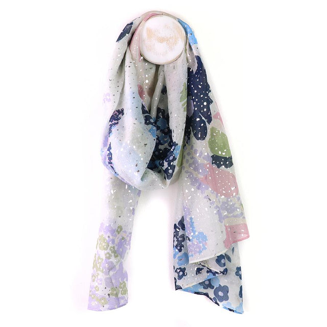 White Multi Floral Print Scarf with Foil Detailing