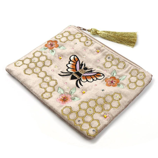 Bee and Honeycomb Embroidered Velevet Purse with Zip Tassel