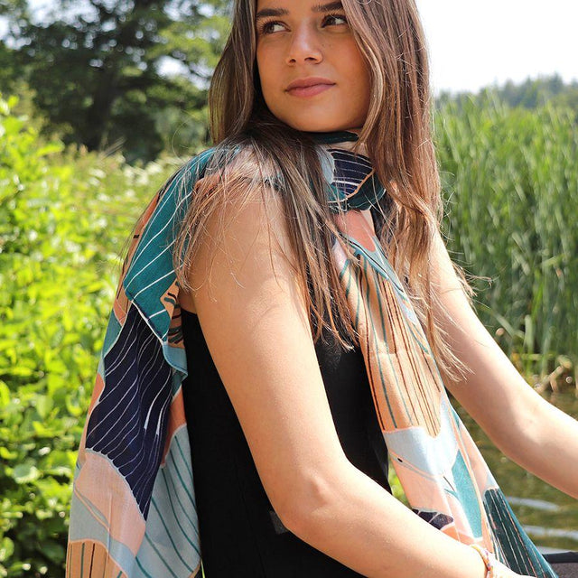 Pom Boutique Navy Tropical Flower Bamboo Scarf on Model