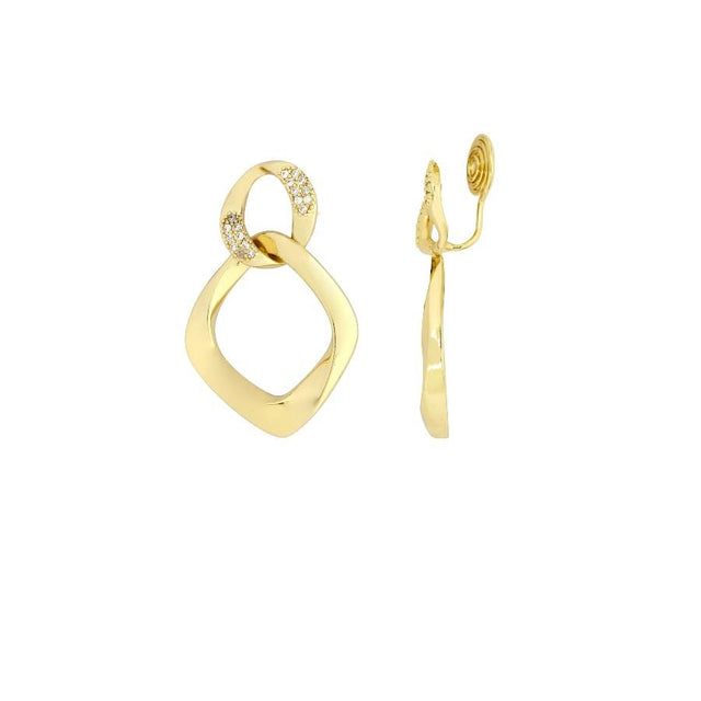 Gold Double Oval Hoop Drop Clip On Earrings