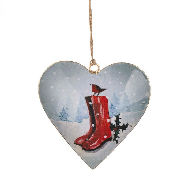 Red Wellies Flat Metal Heart Bauble