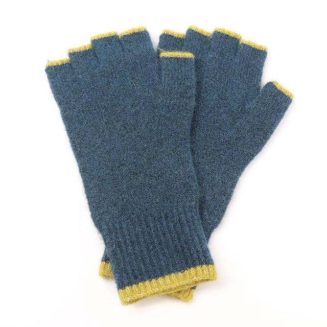 Teal Rib Knit Men's Fingerless Gloves with Green Trim