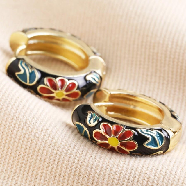 Black Cloisonne Hoop Earrings in Gold