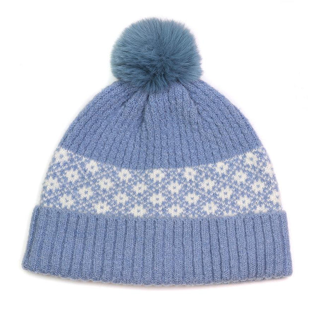 Pastel Blue and White Scandi Flower Pattern Bobble Hat