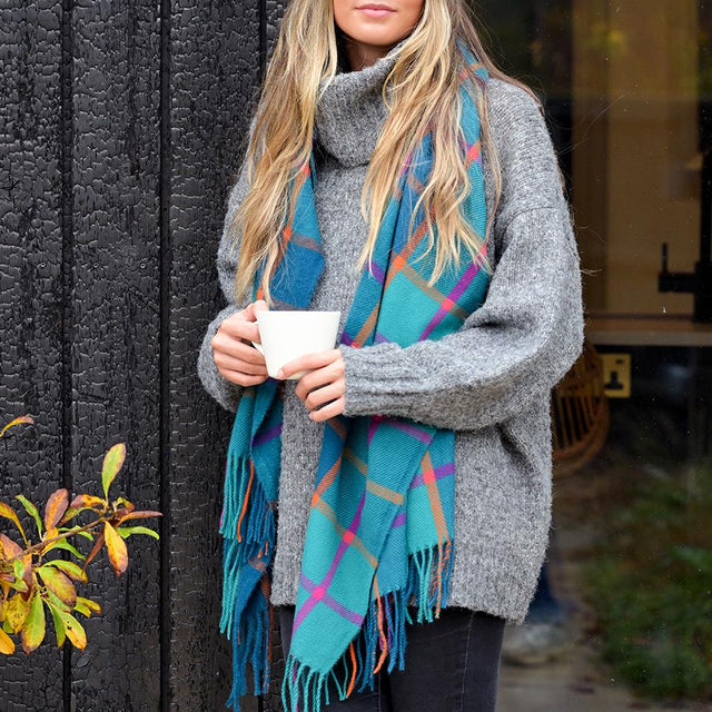 Teal Blue and Purple Check Scarf