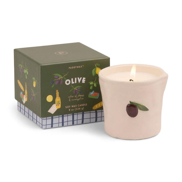 Olive Embossed Ceramic Candle in Gift Box Close Up