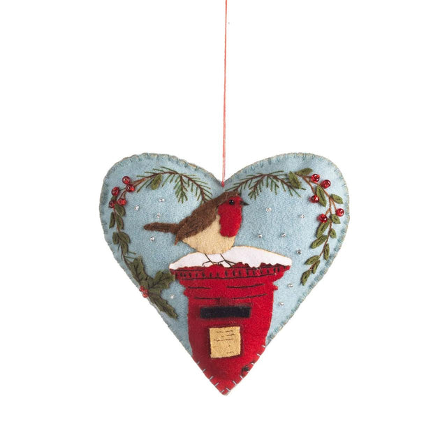 Robin on Postbox Heart Felt Hanging Decoration