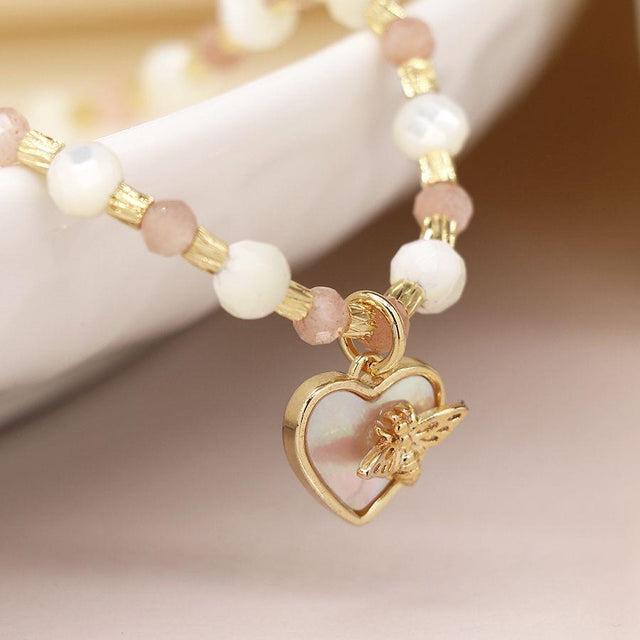 Semi Precious Stone Bracelet with Heart and Bee Charm