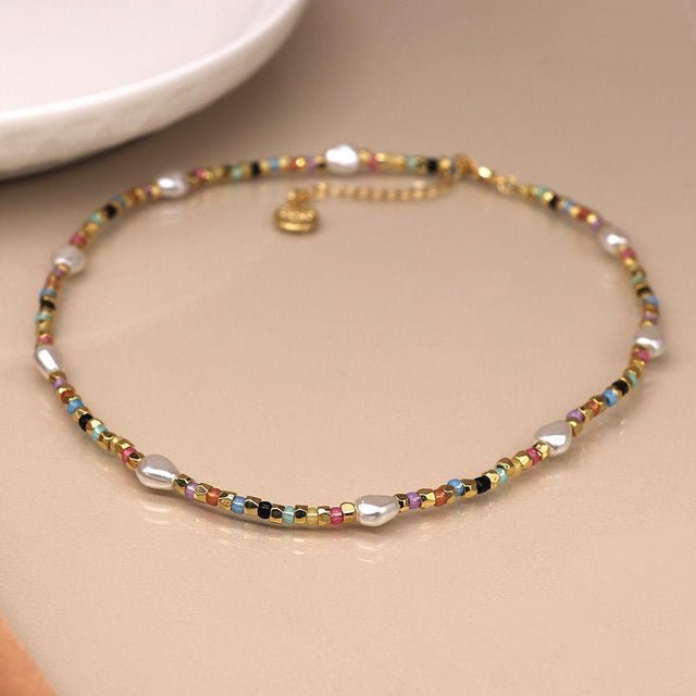 Pom Boutique Multi Colour, Gold Glass Bead and Freshwater Pearl Necklace