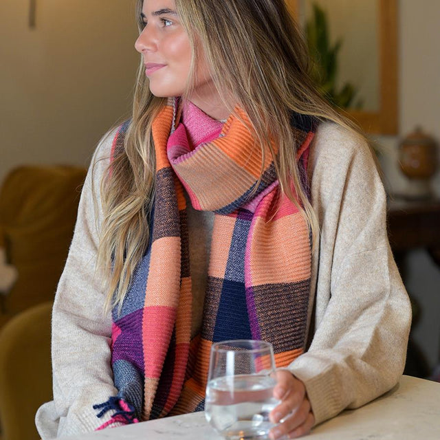 Orange, Pink and Purple Mix Crinkle Tassel Fringe Check Scarf