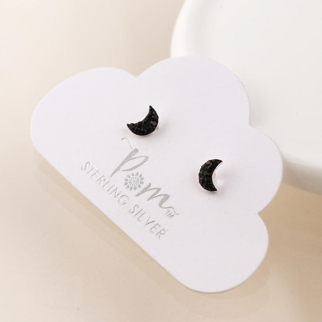 Silver Half Moon Crystal Stud Earrings