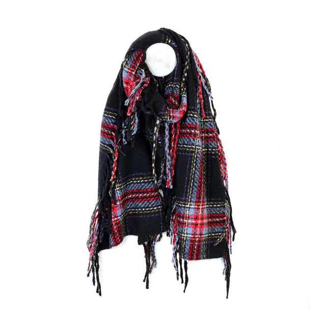 Black, Blue, Yellow and Red Fringe Edge Striped Check Scarf