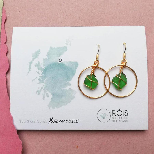 Bright Green Sea Glass Gold Hoop Earrings