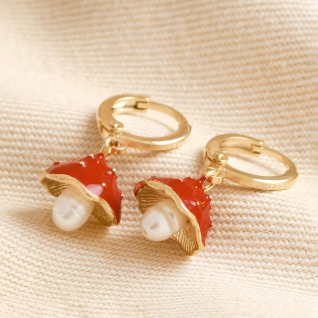 Lisa Angel Enamel Toadstool and Pearl Huggie Hoop Earrings