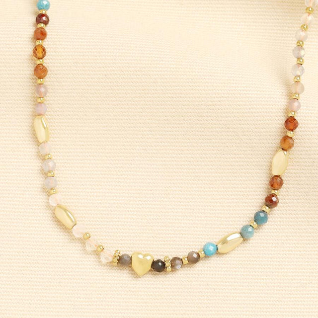 Earthy Tones Beaded Heart Necklace in Gold