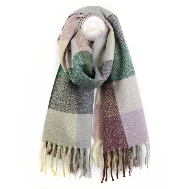  Peace of Mind Muted Sage and Beige Check Blanket Scarf with Tassel Fringe