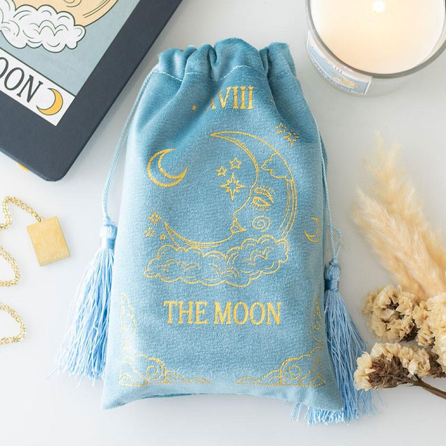 The Moon Tarot Card Pale Blue Velvet Drawstring Bag