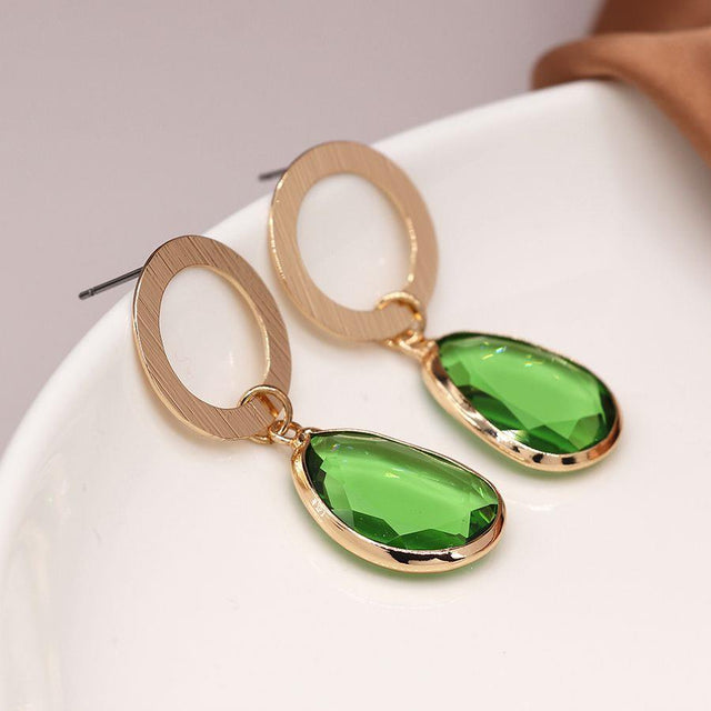 Pom Boutique  Brushed Faux Gold Hoop Studs with Green Glass Crystal Drops Side View