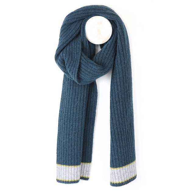 Dusky Teal Rib Knit Men's Scarf with Green Trim