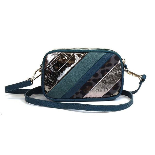 Teal Metallic Animal Print and Stipe Mini Cross Body Bag