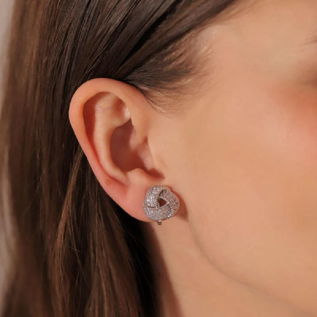 Silver Crystal Knot Clip On Earrings