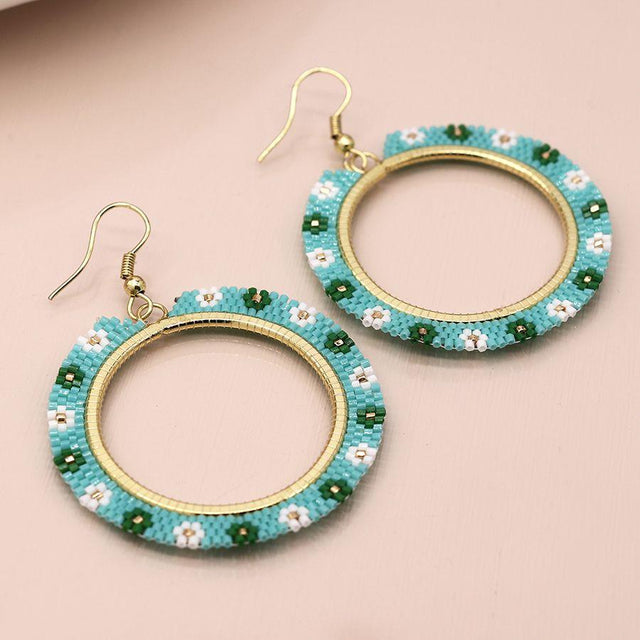 Pom Boutique Aqua Beaded Circle Earrings with Flowers