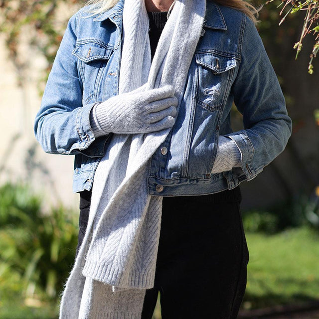 Soft Grey Herringbone Knit Scarf