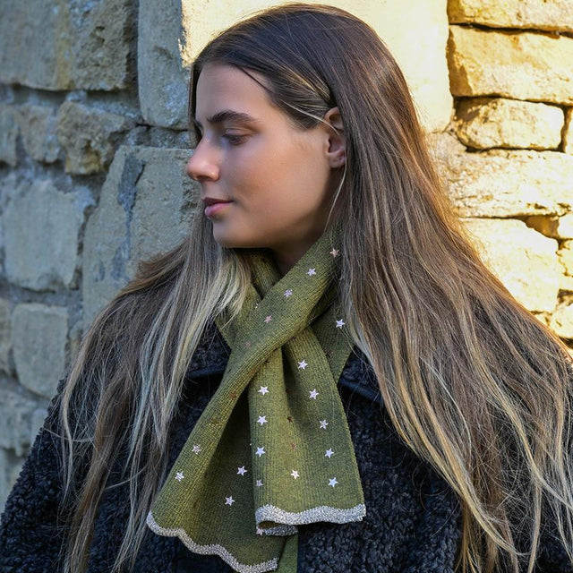 Khaki Green Fine Knit Pull Through Scarf With Foil Star Print