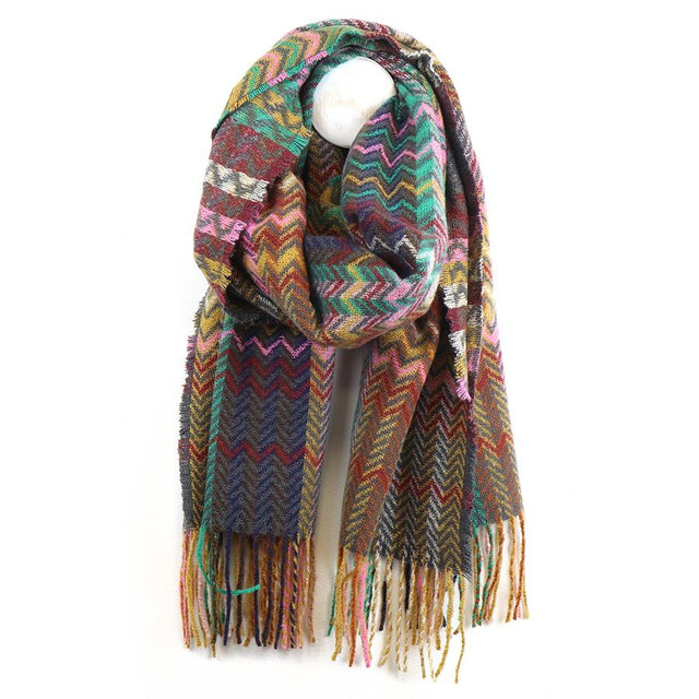 Pom Boutique Multi Coloured Herringbone and Check Pattern Fringe Scarf