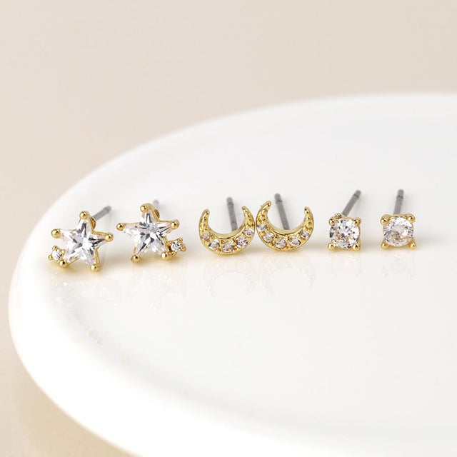 Faux Gold Star, Moon and Crystal Stud Earring Set