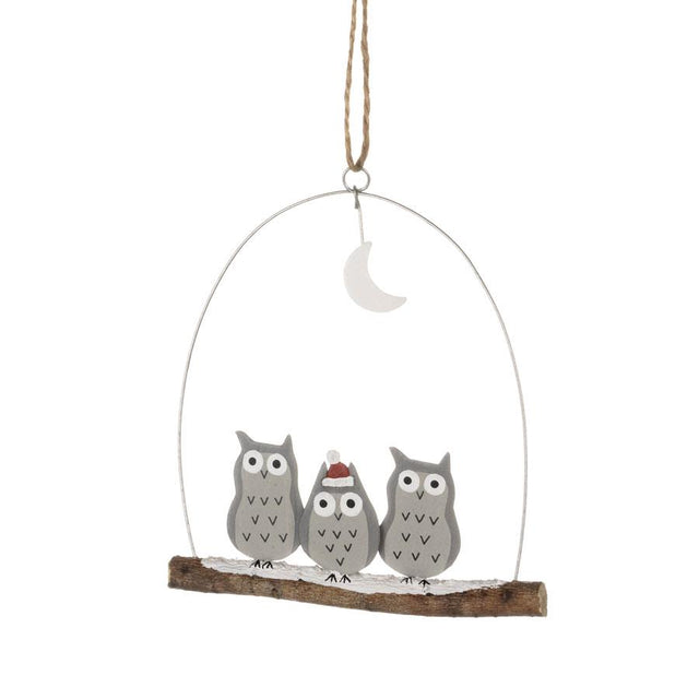 Shoeless Joe Trio of Grey Owls One in Santa Hat Hanging Decoration