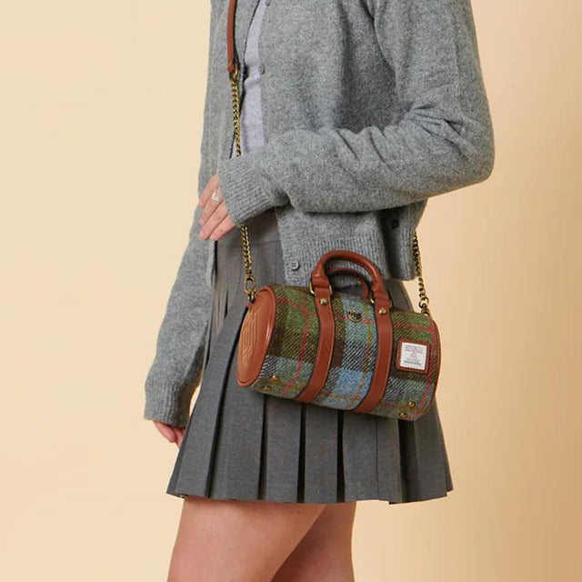 Harris Tweed Chestnut and Blue Tartan Mini Duffel Bag on Model
