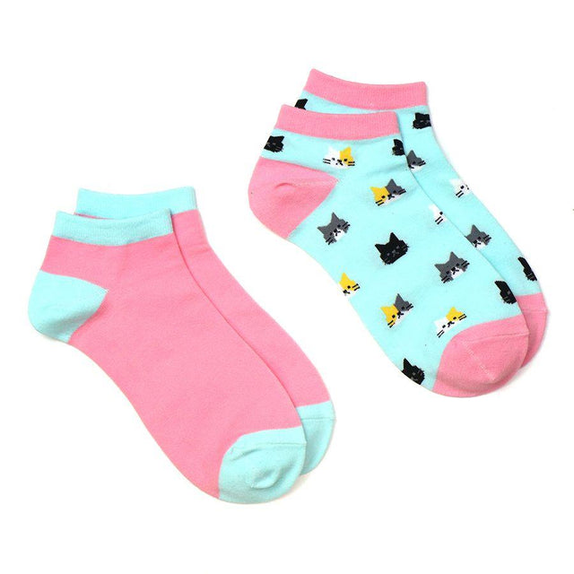 Pink & Baby Blue Cats Trainer Socks Set