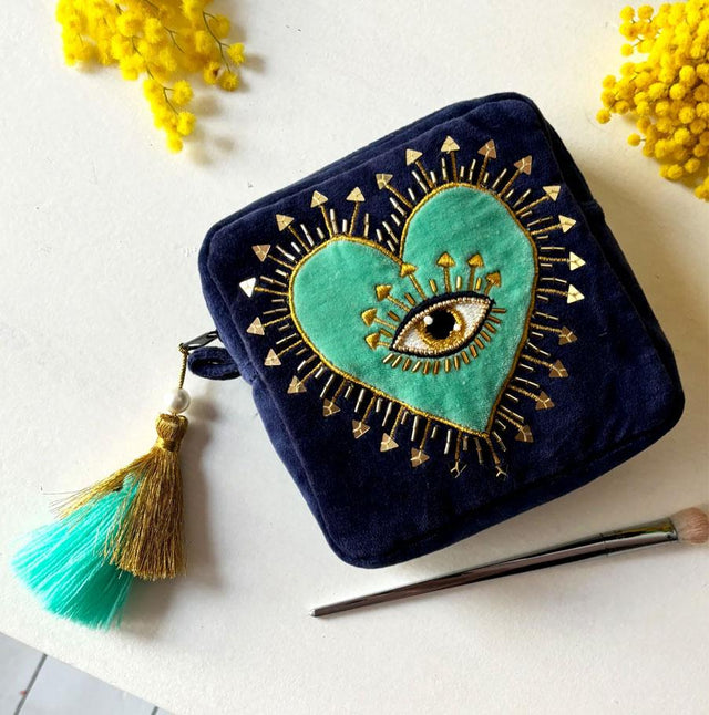 House of Disaster Turquoise Green and Navy Blue Eye Embroiderd Makeup Bag