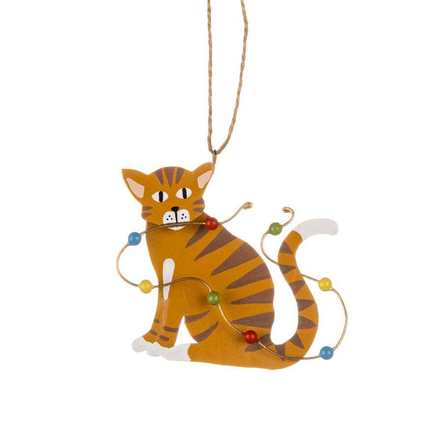 Ginger Cat in Christmas Lights Metal Hanging Decoration