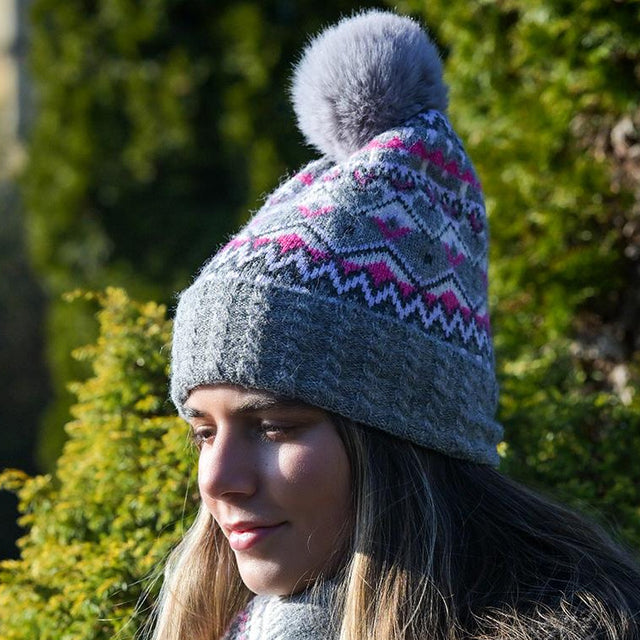 Grey Mix Fairisle Hat With Faux Fur Pompom