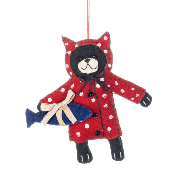 Felt Fabric Cat in Red Coat with Fish Present Hanging Decoration