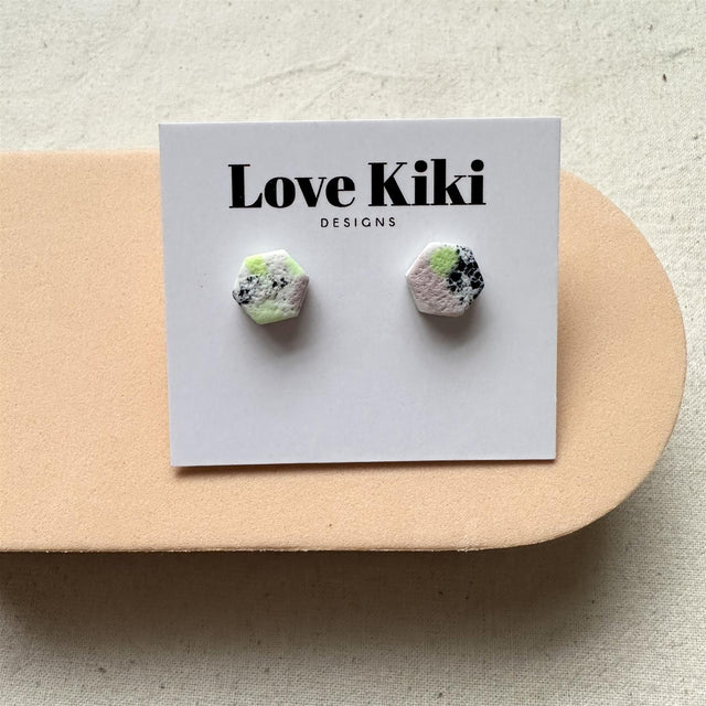Tiny White,White, Black and Green Hexagon Stud Earrings