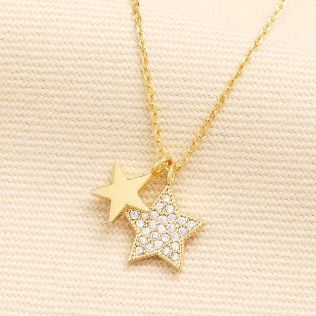 Crystal Double Star Charm Necklace in Gold