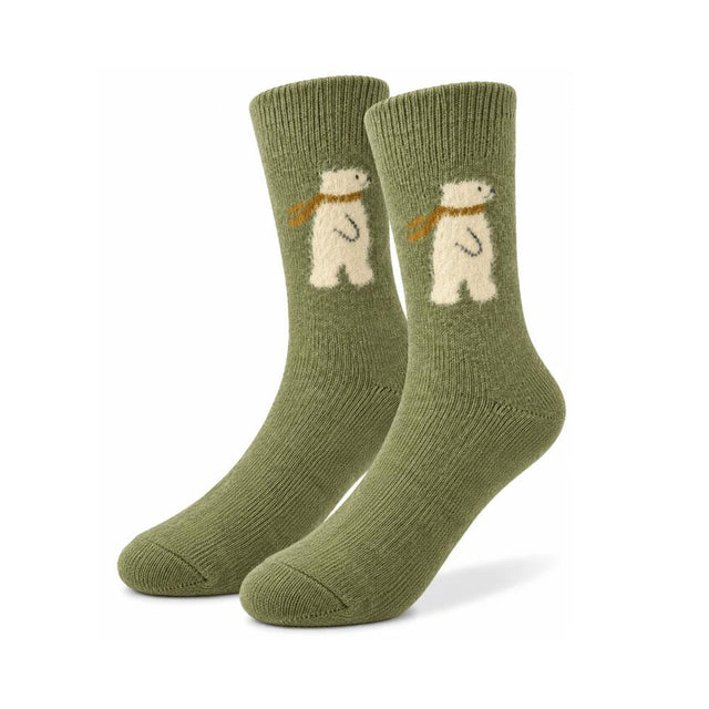 Green Fluffy Polar Bear Wool Blend Women's Socks